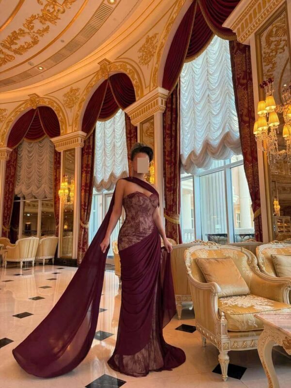 فستان  سهرة دنتيل فرنسي مع شيفون