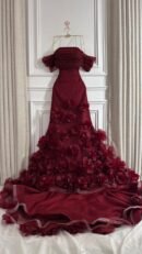 فستان خامة باربي وتل ناعم مع ورود قص ليزر