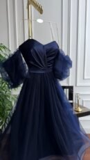 فستان سهرة ميدي اوف شولدر وتل تيواني مع تفته