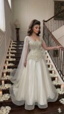 فستان سهرة مع اكمام فرنسية والصدر كلفة مع تل وبطانة تفتة