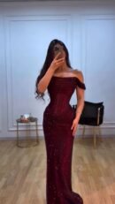 فستان سهرةً شبك اوف شولدر على فصوص زركون وبطانة باربي