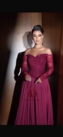 فستان سهرة اوف شولدر كم طويل  شيفون وتطريز يدوي