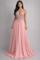 فستان سهرة طوق شيفون وتطريز يدوي