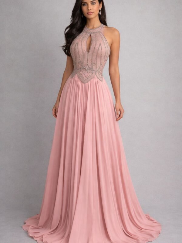 فستان سهرة طوق شيفون وتطريز يدوي