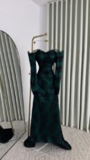 فستان سهرة اوف شولدر اكمام طويل  دنتيل خرز