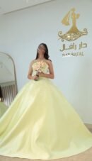 فستان ملكة بفخامة فستان زفاف توب الصدرية مع كلفة مشغول لول وبلور وخرز بخامة تفته سافانا الكوري الأصلي اللون ليموني أصفر مع إمكانية تنفيذجميع الألوان شامل جيبون تركي