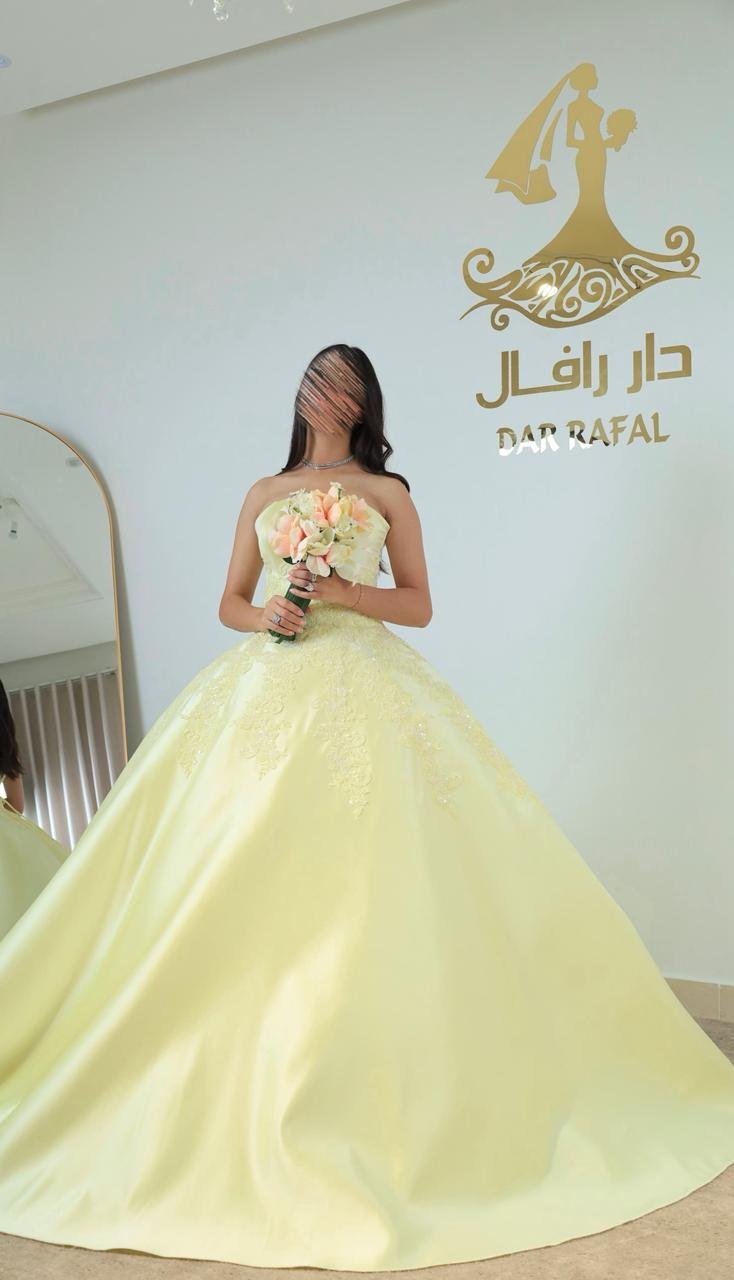 فستان ملكة بفخامة فستان زفاف توب الصدرية مع كلفة مشغول لول وبلور وخرز بخامة تفته سافانا الكوري الأصلي اللون ليموني أصفر مع إمكانية تنفيذجميع الألوان شامل جيبون تركي