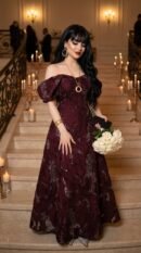 فستان سهرة "الرقي البورغندي" بتصميم أوف شولدر وتطريز خرزي فاخر