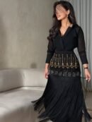 فستان سهرة "الأسود الفاخر" من قماش الباربي بتطريز يدوي ملكي وهدب كثيف